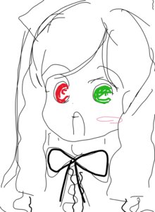 Rating: Safe Score: 0 Tags: 1girl blush close-up green_eyes image monochrome red_eyes simple_background solo spot_color suiseiseki white_background User: admin