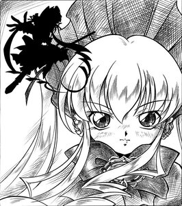 Rating: Safe Score: 0 Tags: 1girl arukime blush bonnet bow commentary_request earrings flower greyscale image jewelry long_hair looking_at_viewer monochrome outstretched_hand rozen_maiden shinku sidelocks silhouette solo twintails User: admin