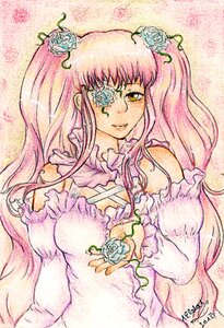 Rating: Safe Score: 0 Tags: 1girl blue_flower blue_rose dress eyepatch flower frills hair_flower hair_ornament image kirakishou long_hair pink_hair rose smile solo traditional_media User: admin