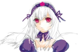 Rating: Safe Score: 0 Tags: 1girl bangs black_wings detached_collar dress flower frills hairband image long_hair long_sleeves looking_at_viewer pink_eyes puffy_sleeves red_eyes rose silver_hair simple_background solo suigintou white_background wings User: admin