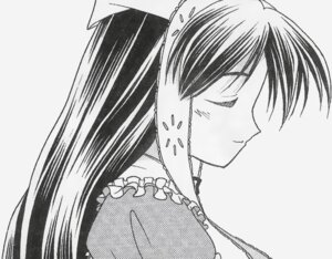 Rating: Safe Score: 0 Tags: 1girl blush closed_mouth frills greyscale image long_hair monochrome polka_dot simple_background smile solo suiseiseki User: admin