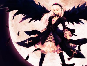 Rating: Safe Score: 0 Tags: 1girl black_wings dress feathers flower frills full_moon hairband image long_sleeves moon red_eyes rose solo suigintou thighhighs wings User: admin