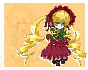 Rating: Safe Score: 0 Tags: 1girl blonde_hair blue_eyes bonnet bow bowtie dress drill_hair flower frills full_body green_eyes image long_hair long_sleeves looking_at_viewer pink_bow shinku solo standing twin_drills twintails very_long_hair yellow_background User: admin