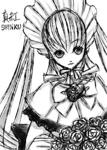 Rating: Safe Score: 0 Tags: 1girl bowtie dress flower greyscale image long_hair long_sleeves looking_at_viewer monochrome rose shinku simple_background solo white_background User: admin