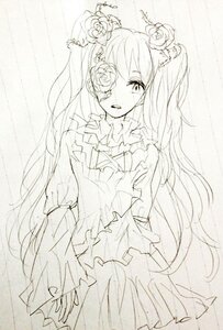 Rating: Safe Score: 0 Tags: 1girl dress eyepatch flower frills hair_flower hair_ornament image kirakishou long_hair monochrome rose solo traditional_media very_long_hair User: admin