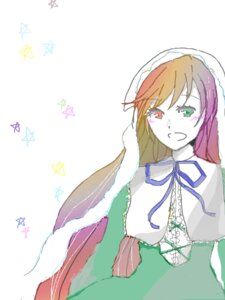 Rating: Safe Score: 0 Tags: 1girl brown_hair dress green_dress green_eyes head_scarf heterochromia image long_hair long_sleeves red_eyes ribbon simple_background smile solo star_(symbol) striped striped_background suiseiseki upper_body white_background User: admin