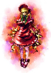 Rating: Safe Score: 0 Tags: 1girl blonde_hair blue_eyes bonnet bow bowtie dress flower frills full_body image long_hair long_sleeves looking_at_viewer red_dress rose shinku solo standing User: admin