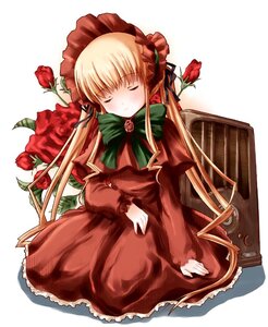 Rating: Safe Score: 0 Tags: 1girl blonde_hair blush bonnet bow bowtie closed_eyes dress flower frills green_bow image long_hair long_sleeves red_dress red_flower red_rose ribbon rose rozen_maiden shinku shinshin simple_background sitting sleeping solo twintails white_background User: admin