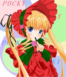 Rating: Safe Score: 0 Tags: 1girl artist_request blonde_hair blue_eyes blush bonnet bow bowtie capelet dress drill_hair eating flower food green_bow hair_ribbon image long_hair long_sleeves looking_at_viewer pink_bow pink_flower pink_rose pocky red_capelet ribbon rose rozen_maiden shinku sidelocks solo twintails upper_body User: admin