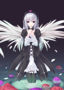 Rating: Safe Score: 0 Tags: 1girl black_legwear black_ribbon dress flower frills gothic_lolita hairband image lolita_fashion long_hair long_sleeves looking_at_viewer petals pink_flower pink_rose purple_flower purple_rose red_flower red_rose rose rose_petals silver_hair solo standing suigintou thighhighs wading water wings User: admin