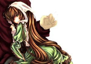 Rating: Safe Score: 0 Tags: 1girl brown_hair dress frills green_dress green_eyes image long_hair long_sleeves looking_at_viewer looking_back solo suiseiseki very_long_hair User: admin