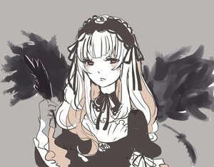 Rating: Safe Score: 0 Tags: 1girl bangs black_feathers black_wings detached_collar dress feathered_wings feathers frills gothic_lolita grey_background hairband image lolita_hairband long_hair long_sleeves looking_at_viewer ribbon rose simple_background solo suigintou upper_body wings User: admin