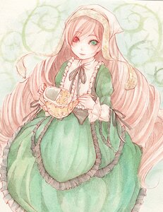 Rating: Safe Score: 0 Tags: 1girl black_ribbon brown_hair cup dress drill_hair frills green_dress green_eyes holding image long_hair long_sleeves looking_at_viewer ribbon smile solo suiseiseki very_long_hair watering_can User: admin