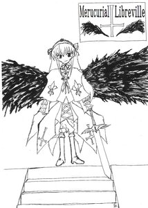 Rating: Safe Score: 0 Tags: 1girl boots closed_mouth feathered_wings feathers full_body greyscale hairband holding image long_hair long_sleeves looking_at_viewer monochrome ribbon solo standing suigintou thighhighs weapon white_background wings User: admin