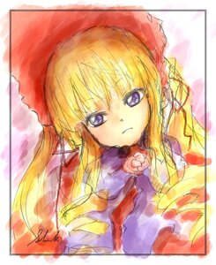 Rating: Safe Score: 0 Tags: 1girl bangs blonde_hair border bow closed_mouth eyebrows_visible_through_hair hat image long_hair long_sleeves looking_at_viewer purple_eyes shinku solo upper_body User: admin