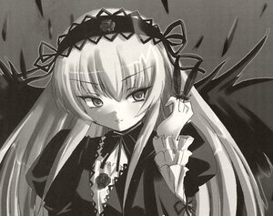 Rating: Safe Score: 0 Tags: 1girl detached_collar dress flower frills greyscale hairband image long_hair long_sleeves looking_at_viewer monochrome ribbon rose smile solo suigintou traditional_media upper_body very_long_hair wings User: admin