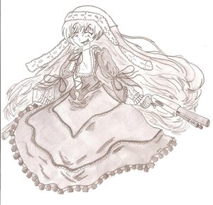 Rating: Safe Score: 0 Tags: 1girl dress frills image long_hair long_sleeves looking_at_viewer monochrome ribbon simple_background solo suigintou suiseiseki very_long_hair User: admin