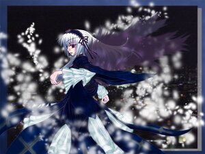Rating: Safe Score: 0 Tags: 1girl black_wings blurry blurry_background depth_of_field dress flower frills hairband image lolita_hairband long_hair long_sleeves looking_at_viewer motion_blur outdoors rose silver_hair snowing solo suigintou very_long_hair wings User: admin