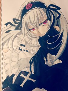 Rating: Safe Score: 0 Tags: 1girl closed_mouth dress flower frilled_sleeves frills hairband image long_hair long_sleeves looking_at_viewer red_eyes ribbon rose silver_hair simple_background smile solo suigintou wings User: admin