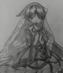 Rating: Safe Score: 0 Tags: 1girl dress frills greyscale image long_hair long_sleeves looking_at_viewer monochrome solo standing suiseiseki veil User: admin
