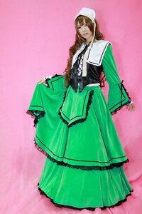 Rating: Safe Score: 0 Tags: 1girl brown_hair dress frills full_body green_dress long_hair long_sleeves pink_background solo standing suiseiseki User: admin