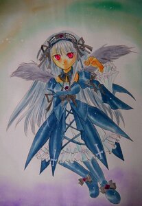 Rating: Safe Score: 0 Tags: 1girl blue_dress dress frills full_body hairband image lolita_hairband long_hair long_sleeves looking_at_viewer marker_(medium) red_eyes ribbon rose silver_hair smile solo standing suigintou traditional_media watercolor_(medium) wings User: admin