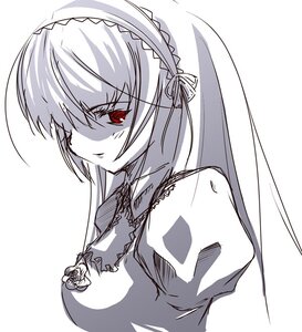 Rating: Safe Score: 0 Tags: 1girl bangs bare_shoulders breasts closed_mouth dress frills hairband image lolita_hairband long_hair long_sleeves looking_at_viewer monochrome simple_background solo spot_color suigintou upper_body white_background User: admin