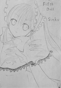 Rating: Safe Score: 0 Tags: 1girl bow frills greyscale image looking_at_viewer monochrome shinku simple_background solo traditional_media white_background User: admin