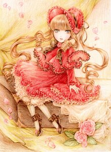 Rating: Safe Score: 0 Tags: 1girl blonde_hair blue_eyes bonnet bow dress drill_hair flower frills heart image lolita_fashion long_hair pantyhose petals pink_flower pink_rose red_flower red_rose rose rose_petals shinku solo traditional_media watercolor_(medium) User: admin