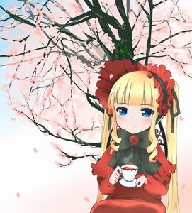 Rating: Safe Score: 0 Tags: 1girl bangs blonde_hair blue_eyes blush bonnet capelet cherry_blossoms cup dress flower holding holding_cup image long_hair long_sleeves looking_at_viewer petals red_dress saucer shinku sidelocks smile solo teacup tree twintails User: admin