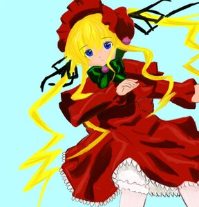 Rating: Safe Score: 0 Tags: 1girl blonde_hair bloomers blue_background blue_eyes bonnet bow bowtie cowboy_shot dress frills green_bow green_neckwear image long_hair long_sleeves looking_at_viewer red_dress shinku simple_background solo standing underwear User: admin