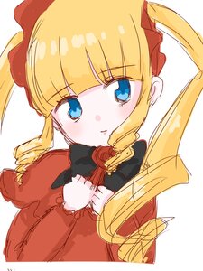 Rating: Safe Score: 0 Tags: 1girl bangs blonde_hair blue_eyes blush bow dress drill_hair eyebrows_visible_through_hair flower image long_hair long_sleeves looking_at_viewer rose shinku simple_background solo striped twin_drills twintails upper_body white_background User: admin