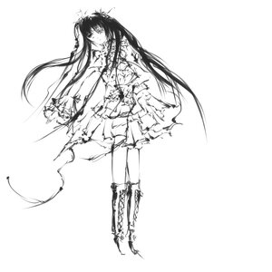 Rating: Safe Score: 0 Tags: 1girl barasuishou dress flower full_body greyscale image long_hair monochrome sketch solo torn_clothes torn_legwear twintails very_long_hair white_background User: admin