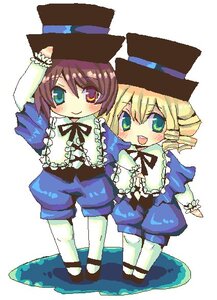 Rating: Safe Score: 0 Tags: 1boy 1girl :d blonde_hair blue_dress blush chibi costume_switch dress frills green_eyes hat heterochromia image long_sleeves open_mouth pantyhose short_hair shorts smile souseiseki suiseiseki top_hat white_background User: admin