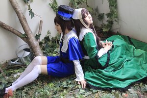 Rating: Safe Score: 0 Tags: 2girls back-to-back bangs brown_hair closed_eyes dress grass green_dress hat long_hair long_sleeves multiple_cosplay multiple_girls nail_polish outdoors profile sisters sitting tagme thighhighs tree white_legwear User: admin