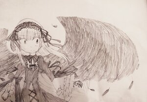 Rating: Safe Score: 0 Tags: 1girl bangs closed_mouth dress feathered_wings feathers frills greyscale hairband image long_hair long_sleeves looking_at_viewer monochrome ribbon smile solo suigintou traditional_media upper_body very_long_hair wide_sleeves wings User: admin