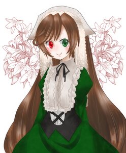 Rating: Safe Score: 0 Tags: 1girl blush brown_hair dress flower frills green_dress green_eyes head_scarf heterochromia image long_hair long_sleeves looking_at_viewer red_eyes smile solo striped striped_background suiseiseki vertical_stripes very_long_hair white_background User: admin