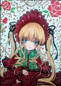 Rating: Safe Score: 0 Tags: 1girl blonde_hair blue_eyes blush bonnet bow bowtie dress drill_hair flower green_bow green_neckwear image long_hair long_sleeves looking_at_viewer marker_(medium) pink_flower pink_rose red_capelet red_dress red_flower red_rose rose rose_petals shinku sidelocks solo traditional_media twintails User: admin