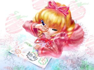 Rating: Safe Score: 0 Tags: 1girl blonde_hair blurry bow dress frills green_eyes hair_bow hina_ichigo hinaichigo image long_sleeves lying pink_bow red_bow solo User: admin