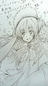 Rating: Safe Score: 0 Tags: 1girl bangs blush dress eyebrows_visible_through_hair flower hair_between_eyes image long_hair looking_at_viewer monochrome open_mouth petals rose shinku smile solo traditional_media umbrella User: admin