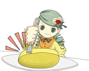 Rating: Safe Score: 0 Tags: 1girl drill_hair flower food fork green_eyes green_hair hair_ornament image kanaria long_sleeves ribbon rose solo twin_drills white_background User: admin