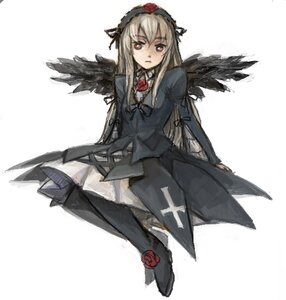 Rating: Safe Score: 0 Tags: 1girl black_wings boots dress feathered_wings flower full_body image long_hair long_sleeves looking_at_viewer red_eyes red_rose rose simple_background solo suigintou white_background wings User: admin