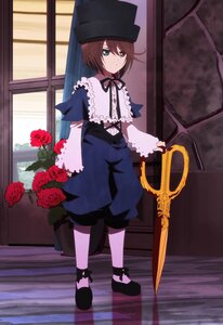 Rating: Safe Score: 0 Tags: 1girl brown_hair capelet dress flower full_body green_eyes hat heterochromia image long_sleeves red_flower red_rose rose short_hair solo souseiseki standing top_hat User: admin