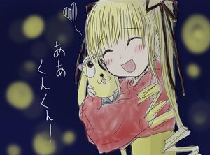 Rating: Safe Score: 0 Tags: 1girl :d ^_^ blonde_hair blush closed_eyes hair_ribbon heart image long_hair long_sleeves night open_mouth ribbon shinku smile solo upper_body User: admin