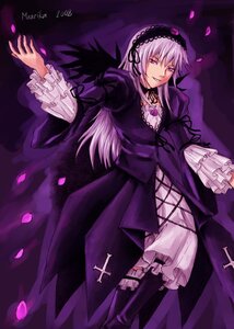 Rating: Safe Score: 0 Tags: 1girl black_wings boots dress frilled_sleeves frills hairband image long_hair long_sleeves looking_at_viewer petals pink_eyes smile solo suigintou wings User: admin