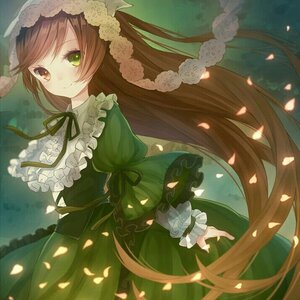 Rating: Safe Score: 0 Tags: 1girl brown_hair dress flower frills green_dress green_eyes heterochromia image long_hair long_sleeves petals ribbon rose_petals smile solo suiseiseki very_long_hair User: admin