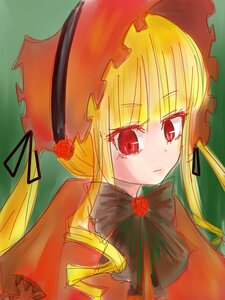 Rating: Safe Score: 0 Tags: 1girl auto_tagged blonde_hair bonnet bow bowtie dress flower green_background hat image long_hair long_sleeves red_eyes ribbon rose shinku simple_background solo twintails User: admin