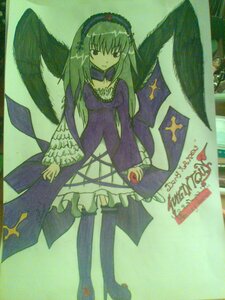 Rating: Safe Score: 0 Tags: 1girl dress frills full_body hairband holding image long_hair long_sleeves looking_at_viewer pantyhose solo standing suigintou traditional_media wings User: admin