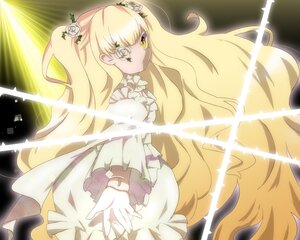 Rating: Safe Score: 0 Tags: 1girl blonde_hair doll_joints dress eyepatch flower frills hair_flower hair_ornament image joints kirakishou long_hair outstretched_hand rose solo thorns very_long_hair white_flower white_rose yellow_eyes User: admin