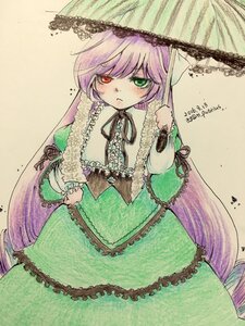 Rating: Safe Score: 0 Tags: 1girl artist_name blush dress frills green_dress green_eyes heterochromia image lace lolita_fashion long_hair long_sleeves looking_at_viewer red_eyes solo suiseiseki traditional_media umbrella very_long_hair User: admin